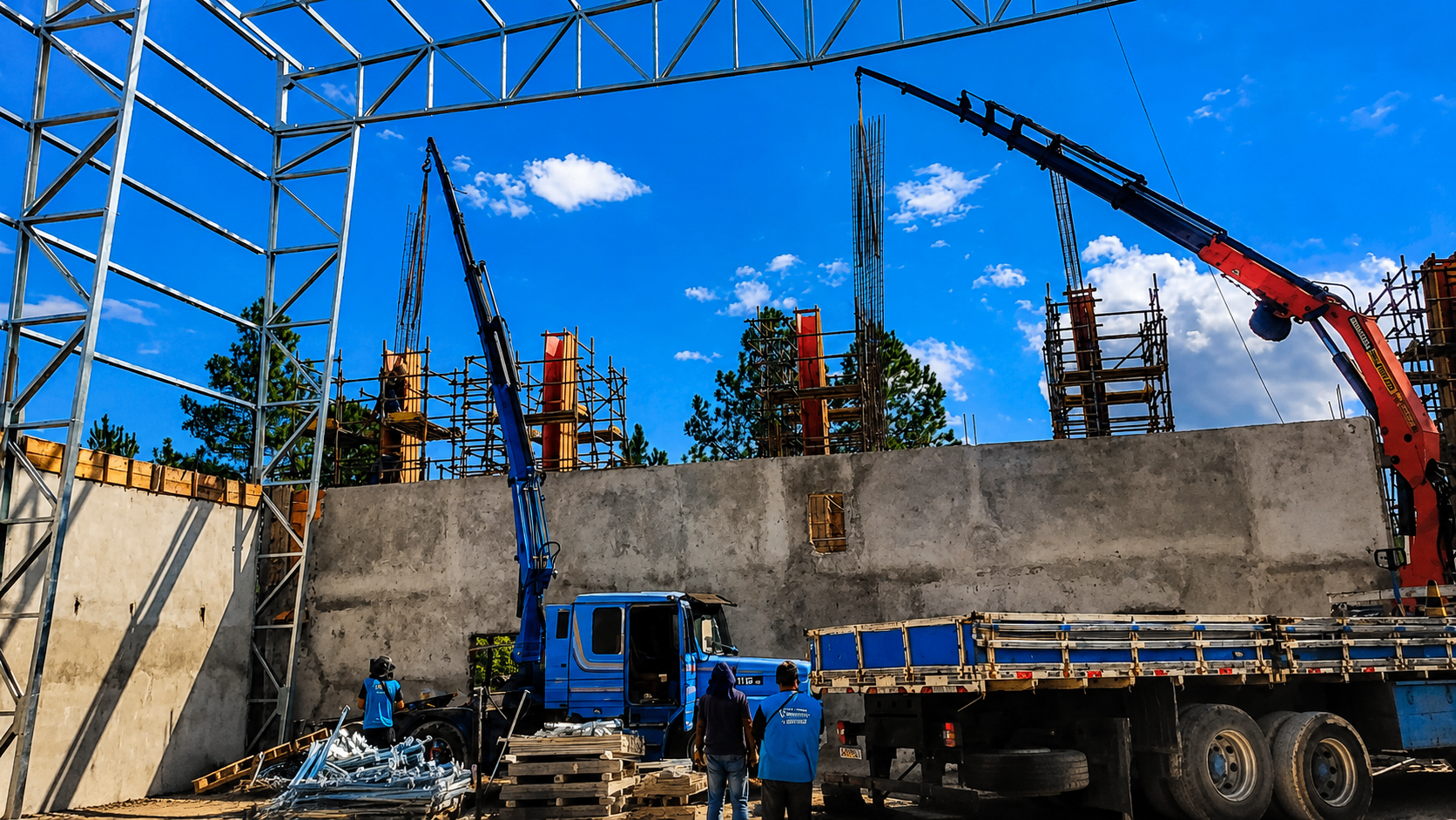 Dois caminhões Munk operando em obra de construção civil